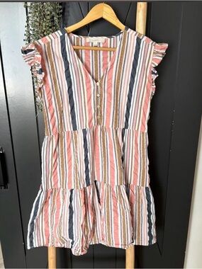 LOFT Striped Tiered Dress in Pink, Navy & Brown